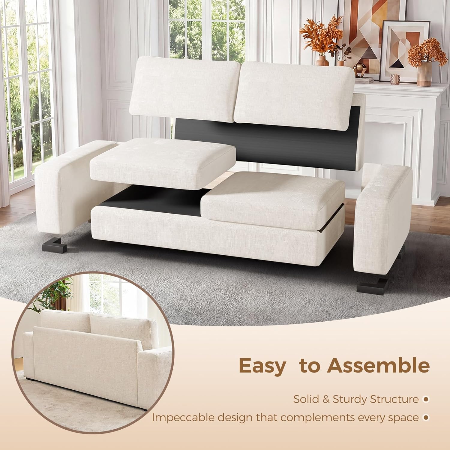 ELUCHANG Oversized 85'' Couches for Living Room, Modern 3-Seater Cloud Couch with Removable Cover, Wide Armrest, Thick Spring Cushions, Comfy Deep Sofa for Apartment, Office, Small Space, Linen Beige