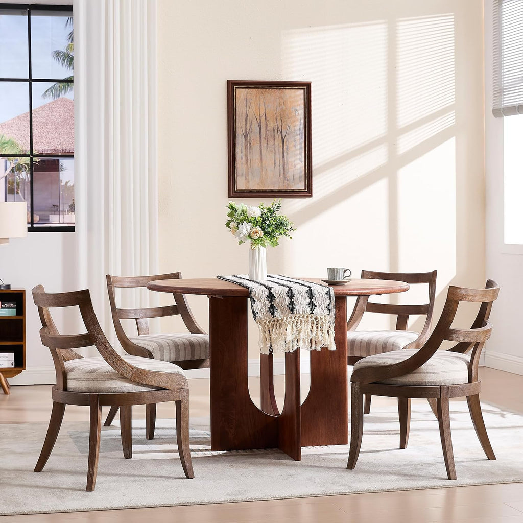 LZAREAL Modern Farmhouse Dining Chairs Set of 4 Mid Century Upholstered Dining Chair with Wooden Curved Back Kitchen Chairs for Dining Room Restaurant Cafe, Brown Walnut Colored-Linen Khaki Stripe