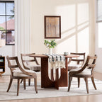 LZAREAL Modern Farmhouse Dining Chairs Set of 4 Mid Century Upholstered Dining Chair with Wooden Curved Back Kitchen Chairs for Dining Room Restaurant Cafe, Brown Walnut Colored-Linen Khaki Stripe