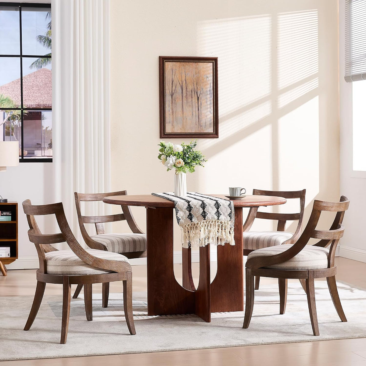 LZAREAL Modern Farmhouse Dining Chairs Set of 4 Mid Century Upholstered Dining Chair with Wooden Curved Back Kitchen Chairs for Dining Room Restaurant Cafe, Brown Walnut Colored-Linen Khaki Stripe