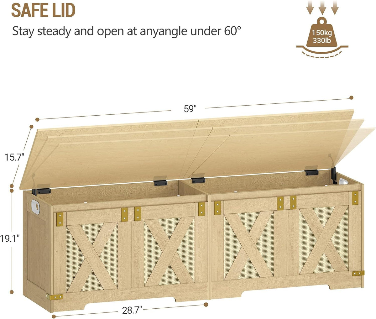 Hzuaneri 59" Boho Storage Chest and Bench | 70 Gal | 330lb Seat | Soft-Close Hinges | Camel Yellow | Shoe and Blanket Storage for Bedroom, Living Room, Entryway | Easy Assembly | SB15002Y