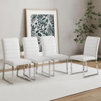 Modern Dining Chairs Set of 4, White Faux Leather Kitchen Chairs, Upholstered Armless Dining Room Chair with Silver Mental Legs Heavy Duty, Comfortable (White Chairs, Set of 4)