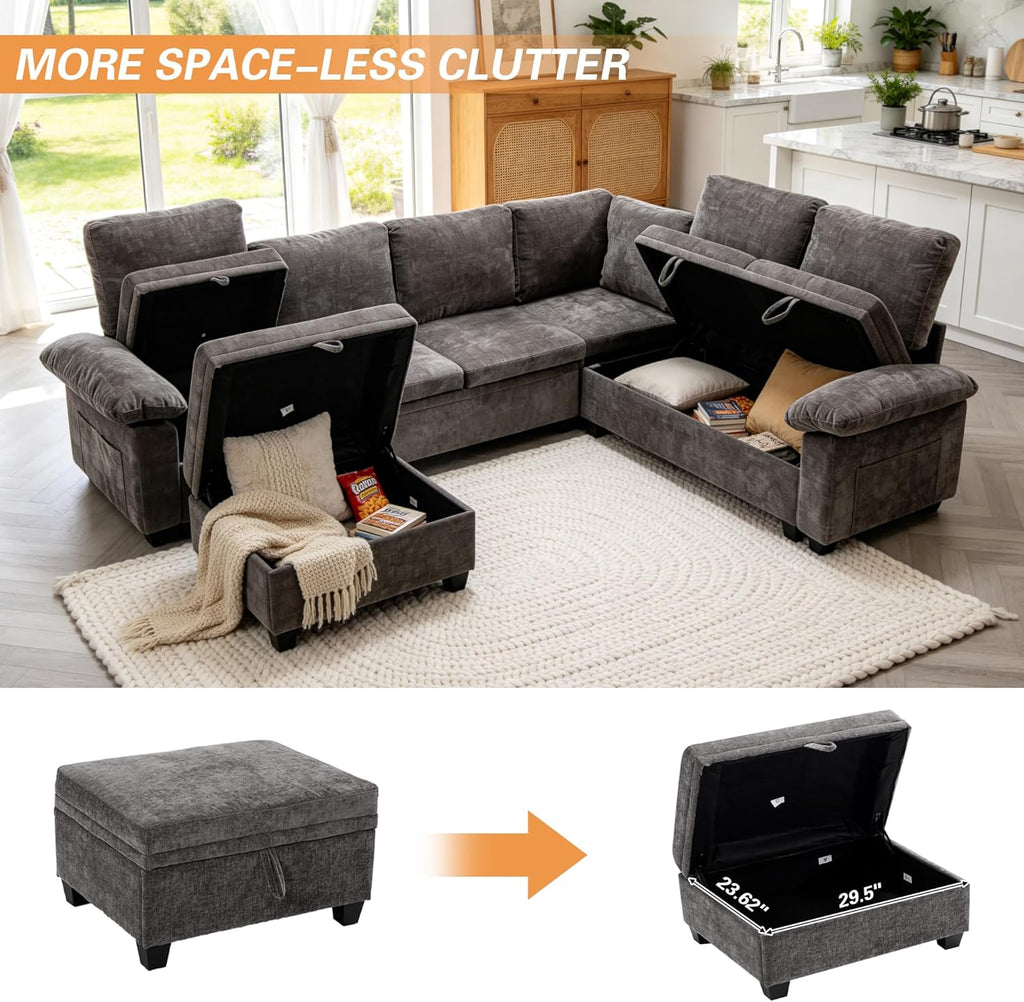 Sofa Bed, Sleeper Sofa with Pull Out Bed, L Shaped Modular Sectional Couch with Storage Ottoman, Modern Chenille Cloud Couch, Convertible Sofa Cama para Sala, Multiple Sizes (Light Gray, 5)
