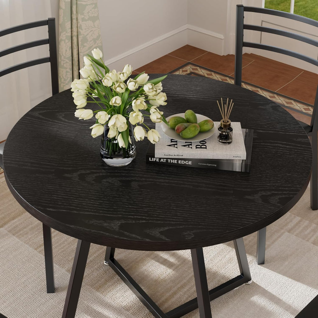VECELO Round Dining Room Table with Wood Grain Tabletop and Steel Frame, for Kitchen, Living Room, Office, Conference, 2 to 4 Person, Black