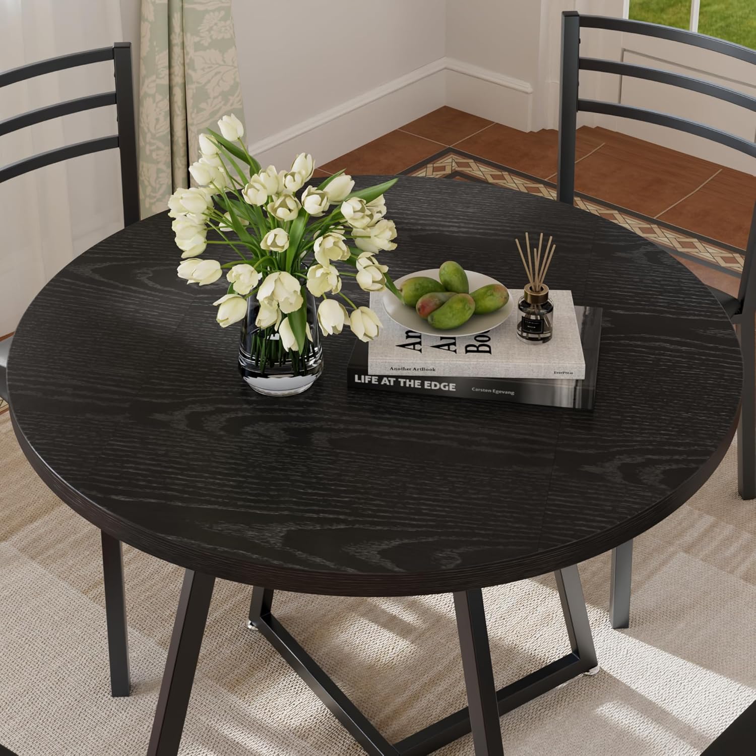 VECELO Round Dining Room Table with Wood Grain Tabletop and Steel Frame, for Kitchen, Living Room, Office, Conference, 2 to 4 Person, Black
