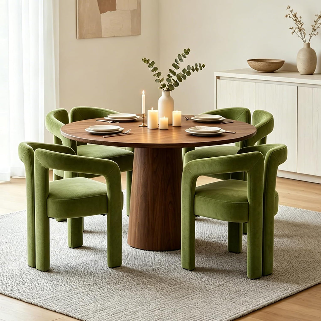 Modern Velvet Dining Chairs Set of 1, Mid Century Modern Upholstered Accent Chair with Curved Backrest and Armrests, Round Thick Cushion Kitchen Chair with Metal Legs (1pcs Velvet Green)