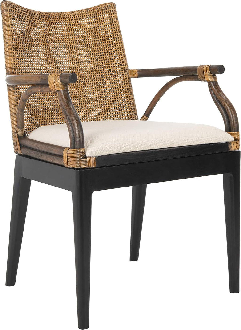 SAFAVIEH Gianni Rattan Arm Chair 19.8”, Solid Wood Brown & Black SEA4011A | Hand-Woven Rattan Back, Solid Mahogany Frame, Foam-Filled Cotton Seat, Easy Assembly, Indoor Use