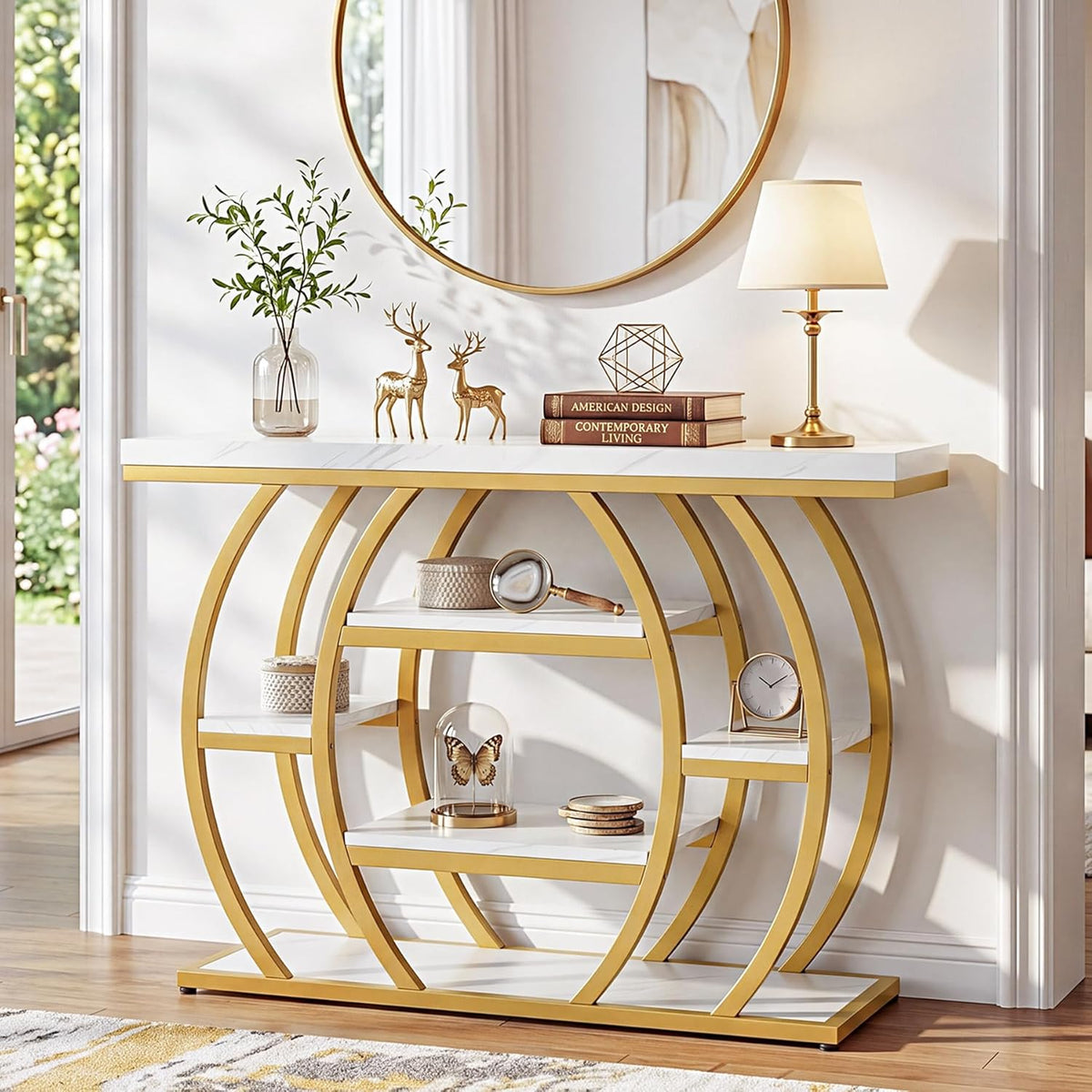 Tribesigns Modern Console Table, 41.3" Narrow Entryway Table with Storage Shelves & Faux Marble Top, 5-Tier Sofa Tables Behind Couch with Arched Metal Frame for Living Room, Hallway (Gold & White)