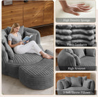 ONEMMLION 50" Oversized Round Chaise Lounge with Ottoman, Corduroy, Grey | Deep Seating Chair, Plush Corduroy and Matching Ottoman Create Cloud-like Comfort for Reading, Lounging and Relaxing
