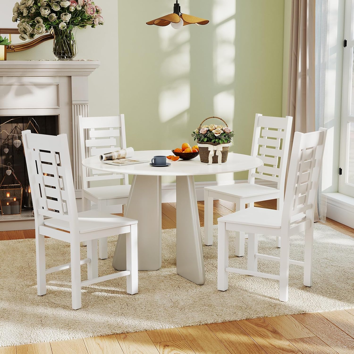Giantex Wooden Dining Chairs Set of 4, 100% Solid Rubber Wood Kitchen Chair with High & Tilted Backrest, Wide Seat, Mid-Century Modern Side Armless Chairs for Dining Room Living Room, White