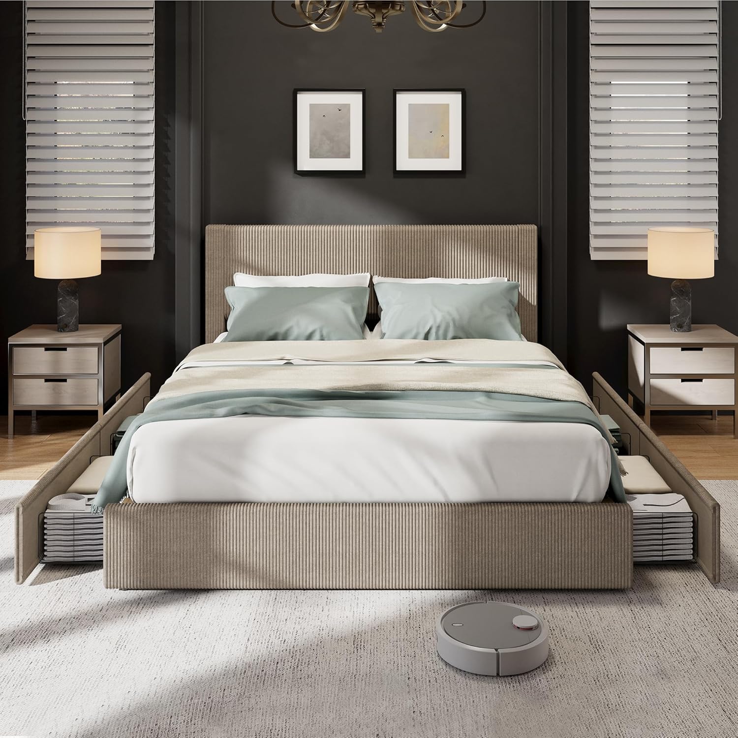 IDEALHOUSE Upholstered Queen Bed Frame with 4 Storage Drawers, Brown