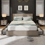Garvee Corduroy Bed Frame with Headboard, Platform Upholstered Queen Bed Frame with 4 Storage Drawers and Wooden Slats Support, No Box Spring Needed, Brown