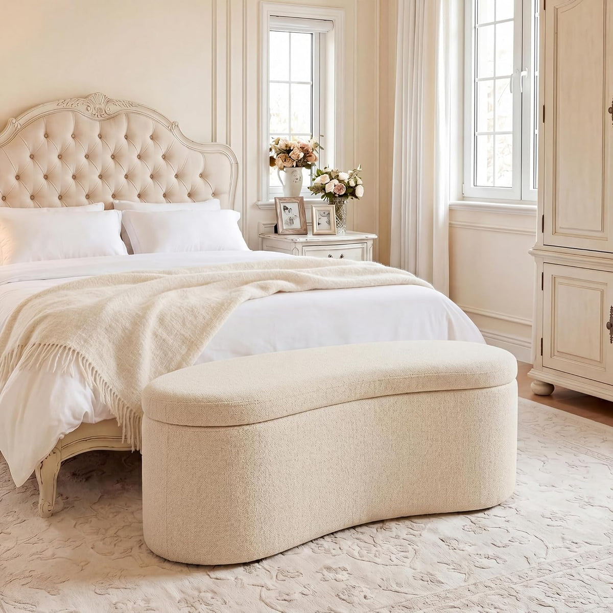 Zesthouse Storage Bench for Bedroom End of Bed, 39.4" Small Curved Entryway Ottoman Bench, Beige Linen Fabric Bench Seat for Living Room Hall Mudroom, Modern Upholstered Coffee Table Crescent Shape