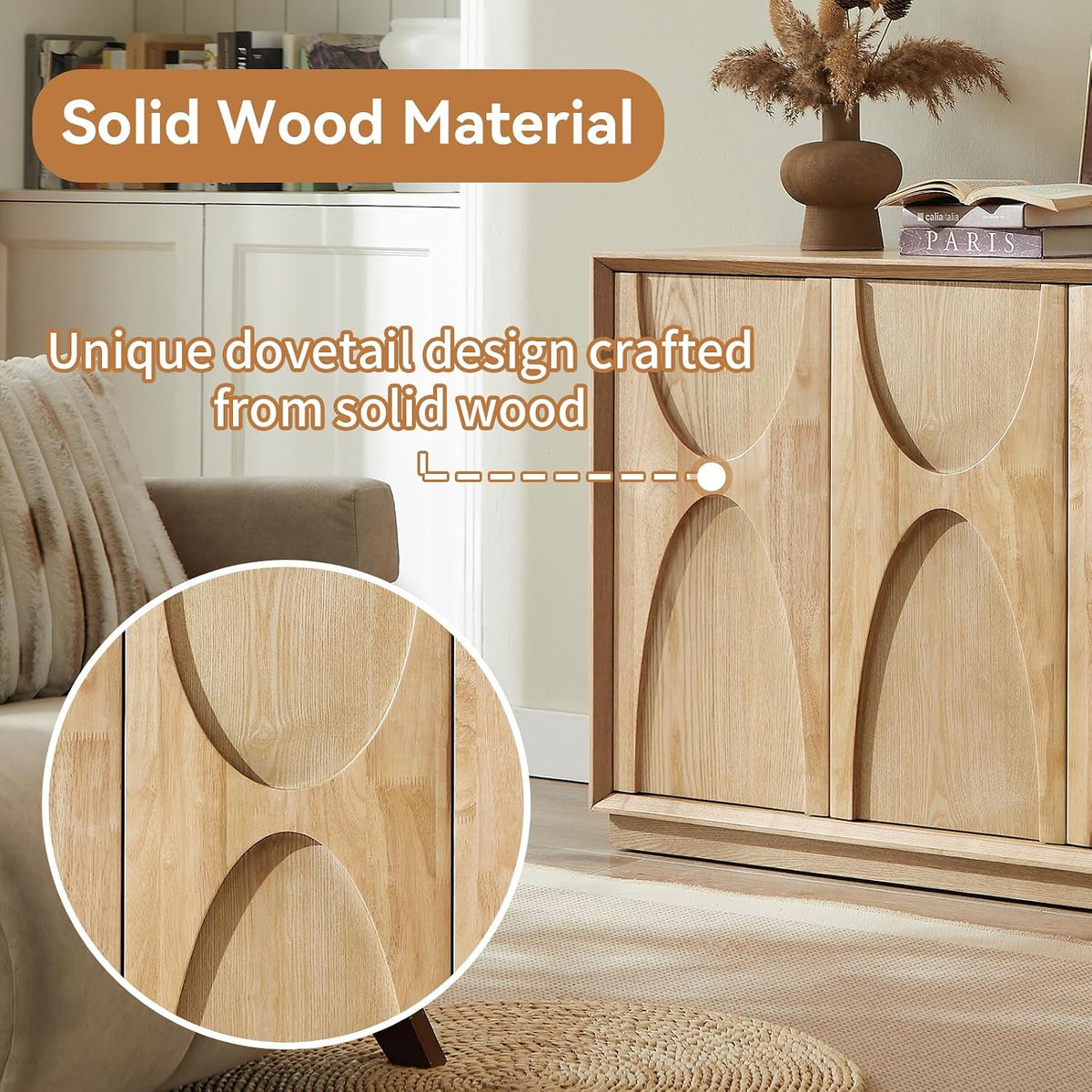 LKTART 59" Sideboard Buffet Cabinet Retro Accent Storage Cabinet with Magnetic Door Latches Adjustable Shelf for Living Room Kitchen(Natural Oak)