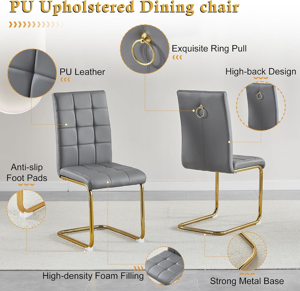 AF ARTISAN FURNITURE 5 Piece Round Glass Dining Table Set, Gold Glass Kitchen Table Set for 4 Modern Table Set with 4 Grey PU Upholstered Dining Chairs, for Small Space, Breakfast Nook