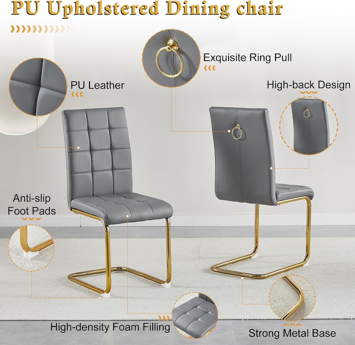 AF ARTISAN FURNITURE 5 Piece Round Glass Dining Table Set, Gold Glass Kitchen Table Set for 4 Modern Table Set with 4 Grey PU Upholstered Dining Chairs, for Small Space, Breakfast Nook