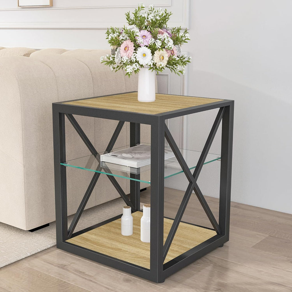Modern End Table Set of 2 for Living Room 17.7" Bedroom Nightstand, Tempered Glass Shelf & Rustic Wood MDF Top Square Side Tables 2 Pack, Industrial Natural