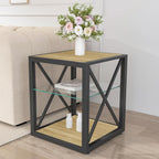 Modern End Table Set of 2 for Living Room 17.7" Bedroom Nightstand, Tempered Glass Shelf & Rustic Wood MDF Top Square Side Tables 2 Pack, Industrial Natural