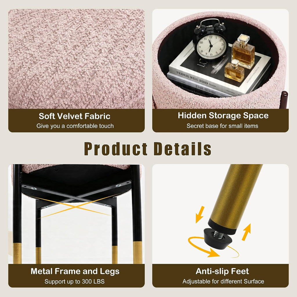 Round Ottoman with Storage, Soft Velvet Vanity Stool, Ottoman Coffee Table with Metal Legs, Foot Stool for Living Room Bedroom, Pink