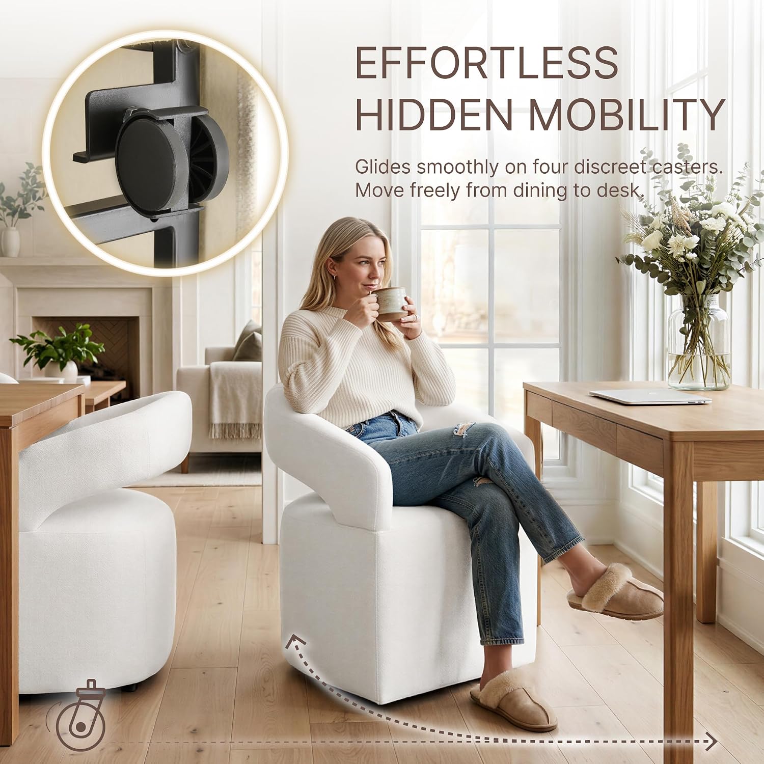 KISLOT Upholstered Dining Chairs Set of 4, Modern Arm Kitchen & Dining Room Chairs with Hidden Casters, Linen Fabric Padded Rolling Chairs, Sturdy Wood Frame, 300 lbs Capacity, Beige
