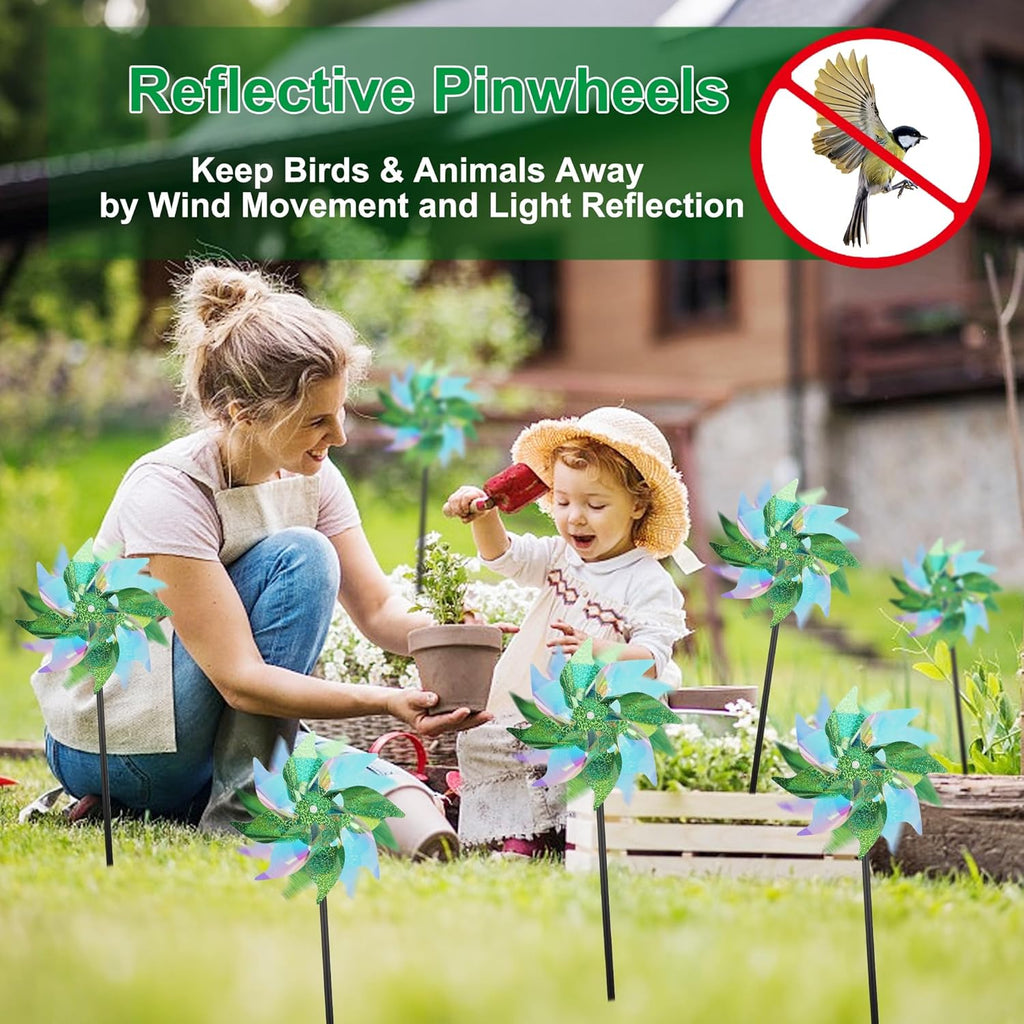 winemana 12 Pcs Reflective Pinwheels Outdoor, Wind Spinners for Yard & Garden, Sparkly Bird Repellent Windmill Scare Birds Away, Deterrent Devices for Outside Patio Lawn Spring Decor (Green)