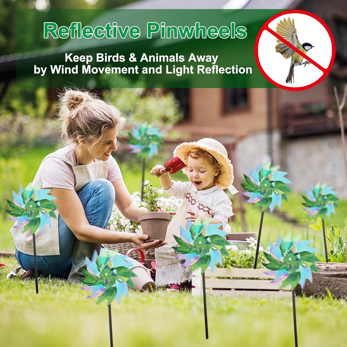 winemana 12 Pcs Reflective Pinwheels Outdoor, Wind Spinners for Yard & Garden, Sparkly Bird Repellent Windmill Scare Birds Away, Deterrent Devices for Outside Patio Lawn Spring Decor (Green)