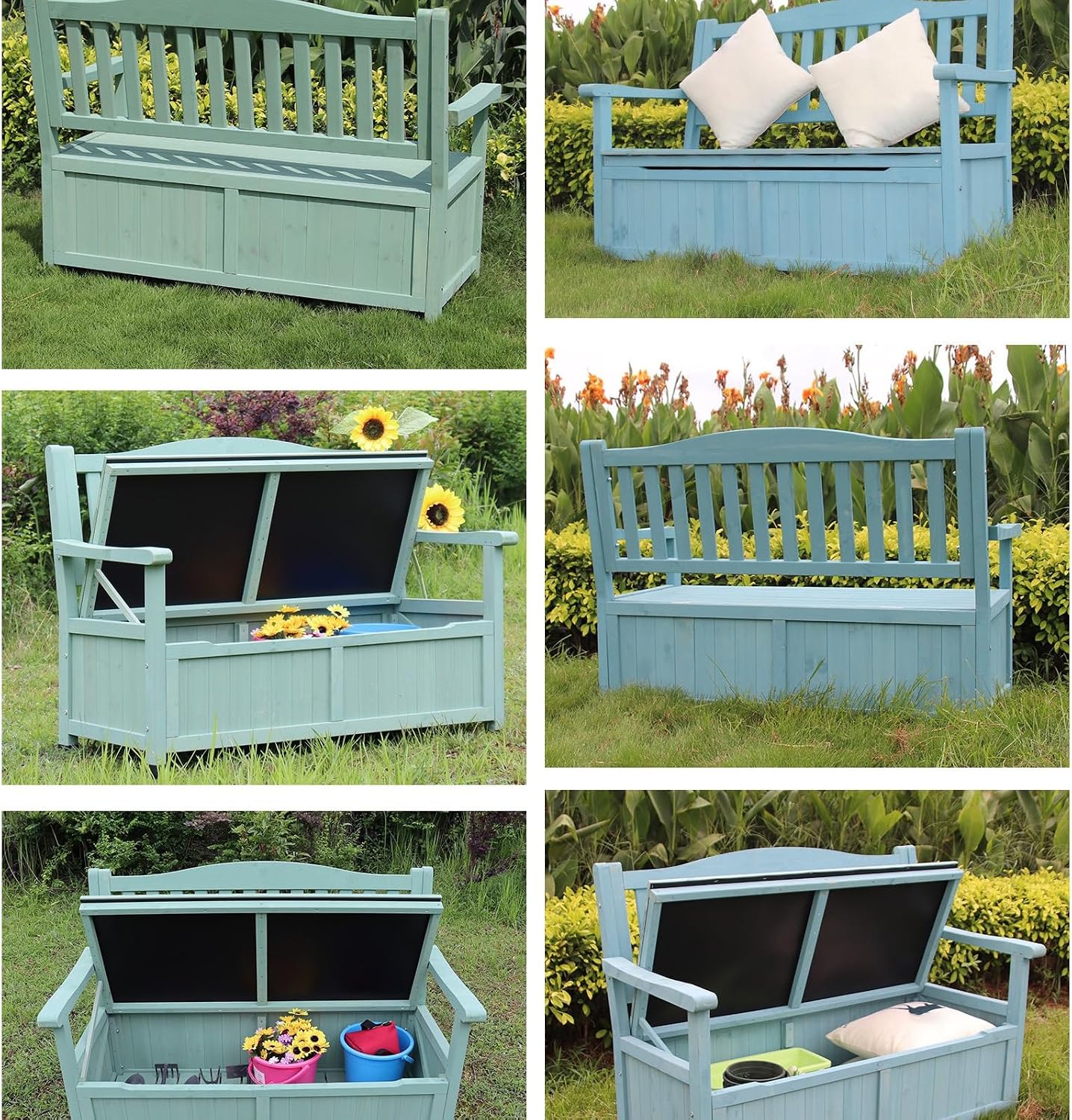 48in Wooden Outdoor Storage Bench, 2-Seater Patio Garden Bench with Backrest & Armrests, Weather-Resistant Deck Box for Porch, Yard & Pool(Green)