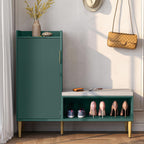Storage Bench with Fluted Door&Shelf, Modern Entryway Bench with Padded Seat, L-Shaped Shoe Organizer Cabinet for Hallway, Living Room, Office, Green