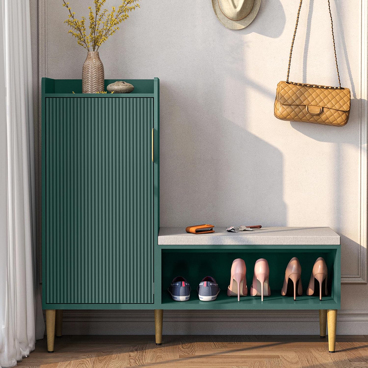 Storage Bench with Fluted Door&Shelf, Modern Entryway Bench with Padded Seat, L-Shaped Shoe Organizer Cabinet for Hallway, Living Room, Office, Green
