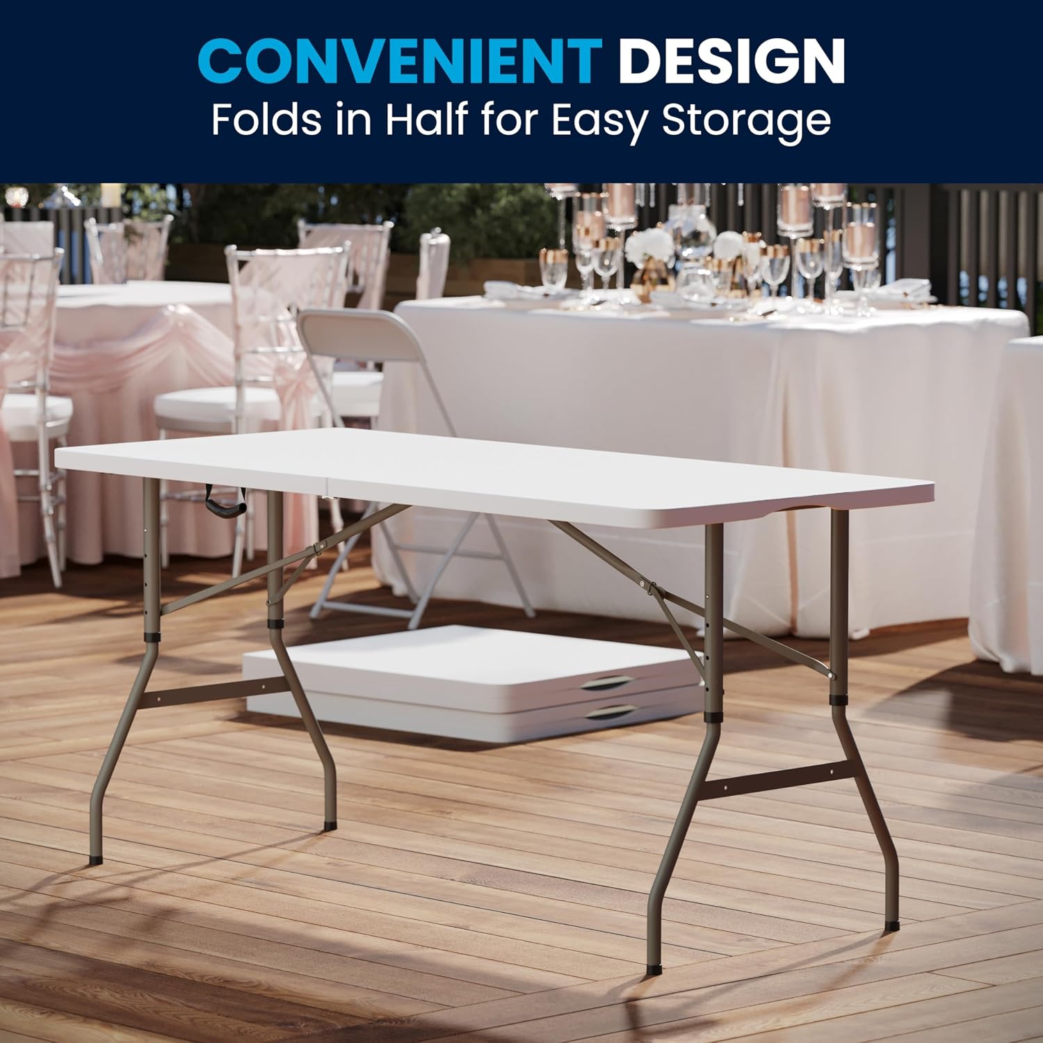 Flash Furniture 5 ft Plastic Bi-Fold Table, Granite White | Height Adjustable, Carrying Handle, Durable Construction, Commercial Use