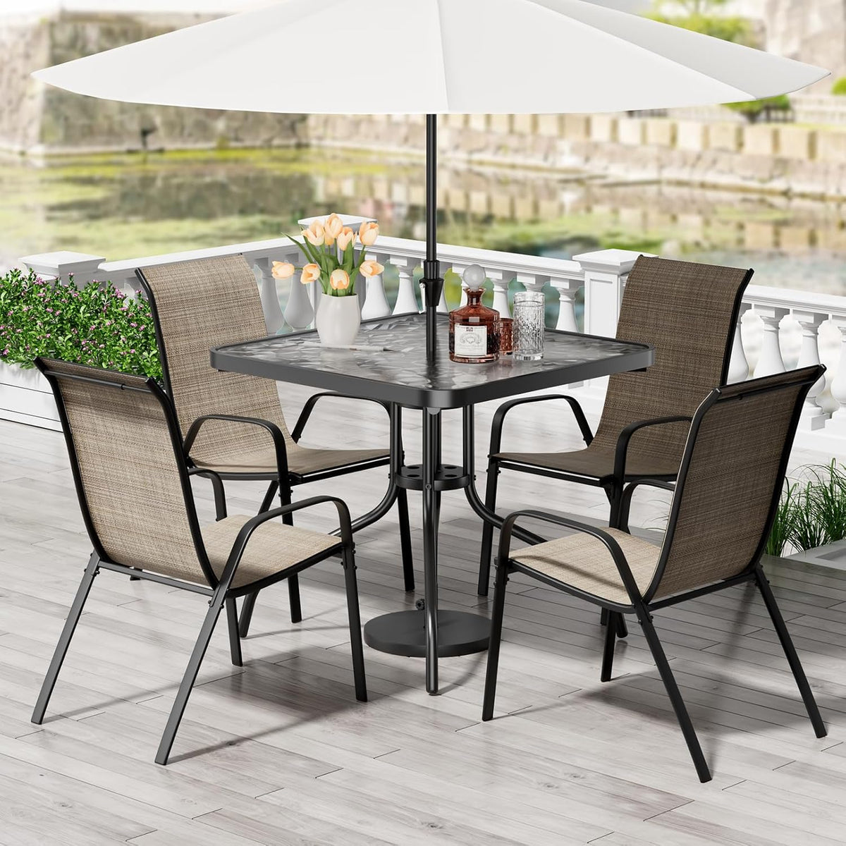 TLSUNNY Patio Dining Set 5 Pieces, All Weather Outdoor Furniture W/30"X 30" Table and 4 Stackable Textilene Chairs, Metal Table and Chairs for Lawn, Garden, Poolside, Backyard (Umbrella not Included)