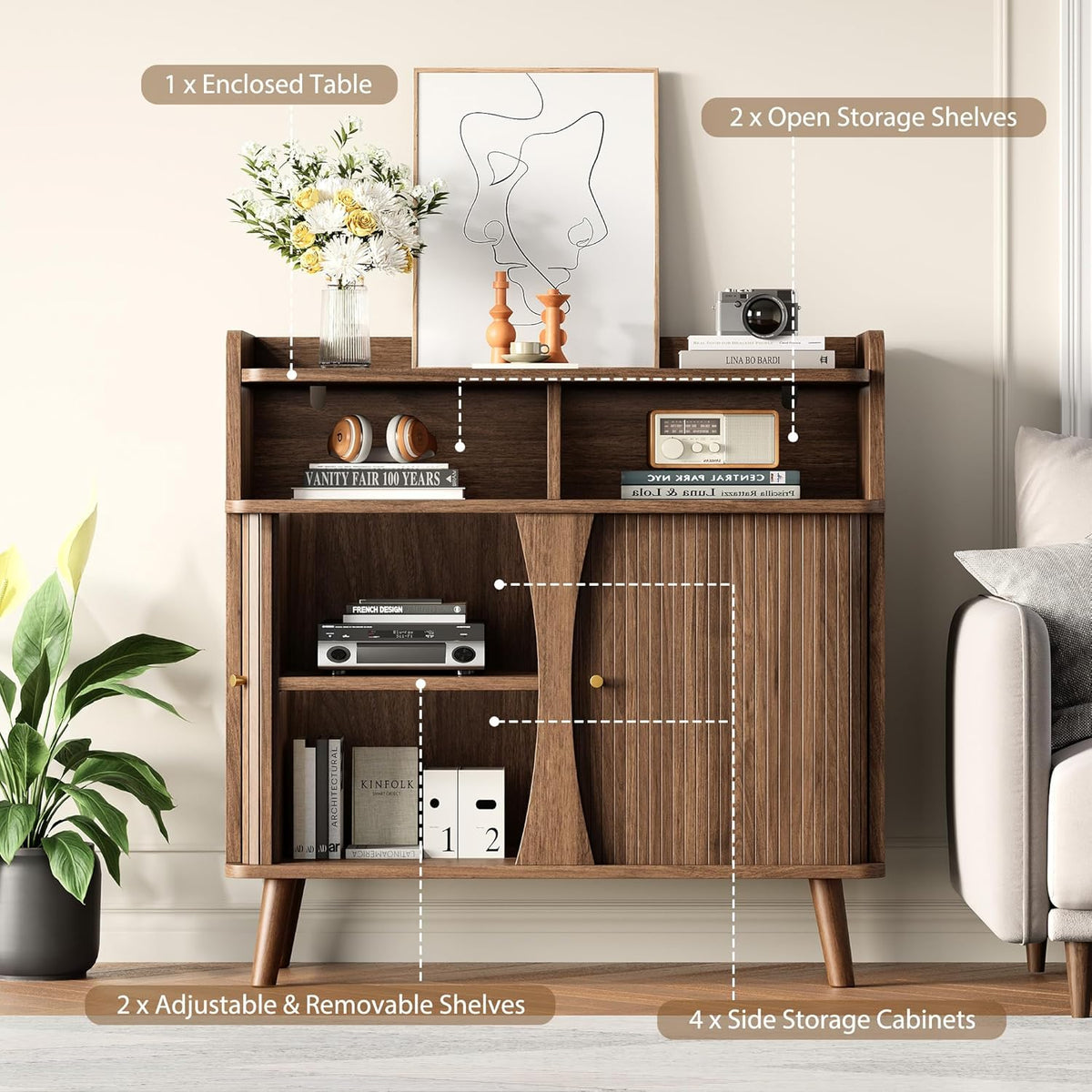 Decofy 39" Buffet Sideboard Cabinet, Mid Century Modern Console Cabinet with Roller Shutter Sliding Doors & Adjustable Shelves for Kitchen Cabinets, Living Room, Entryway, Coffee Bar Cabinet (Walnut)