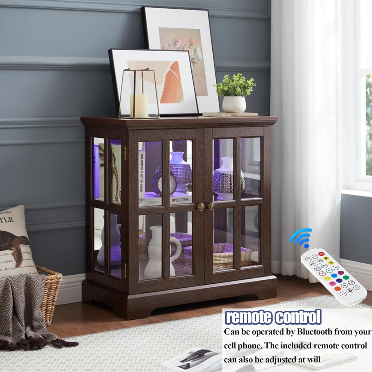 2 Door Curio Display Cabinet with LED Light & Adjustable Shelves, 30" Tableware Display Sideboard w/Mirrored Back Pane, Modern Glass Display Storage Cabinet for Kitchen & Living Room (Cherry)