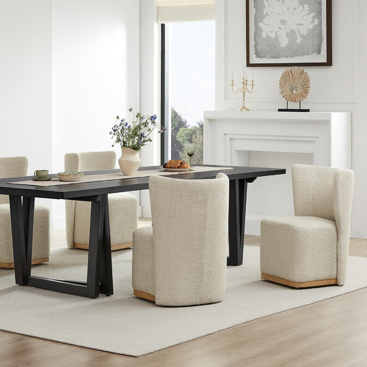 CHITA Upholstered Rolling Dining Chair with Casters Set of 4, Oatmeal | FSC Certified Modern Fabric Dining Chair with Casters, Boucle Dining Chairs for Reading Room Kitchen Dining Room