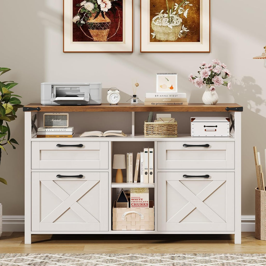 Halitaa Filing Organization Storage Cabinets 4 Drawer with Adjustable Shelf, Lateral Filing Cabinet with Open Storage Shelf for Home Office, Farmhouse File Cabinets for Hanging Files Letter/A4.White