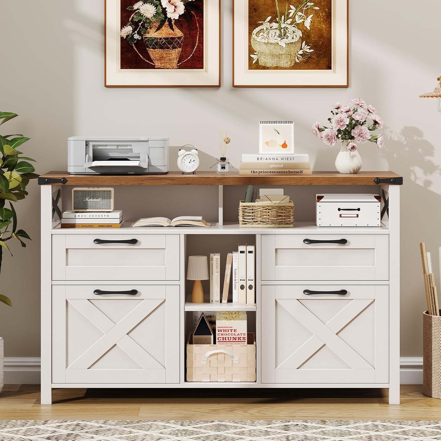 Halitaa Filing Organization Storage Cabinets 4 Drawer with Adjustable Shelf, Lateral Filing Cabinet with Open Storage Shelf for Home Office, Farmhouse File Cabinets for Hanging Files Letter/A4.White