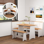 Farmhouse Breakfast Nook Table Set, Dining Nook Set with Corner Bench,with Storage Function Mid Century Modern Small Dining Table Set, Kitchen Table Corner Set (White + Natural)