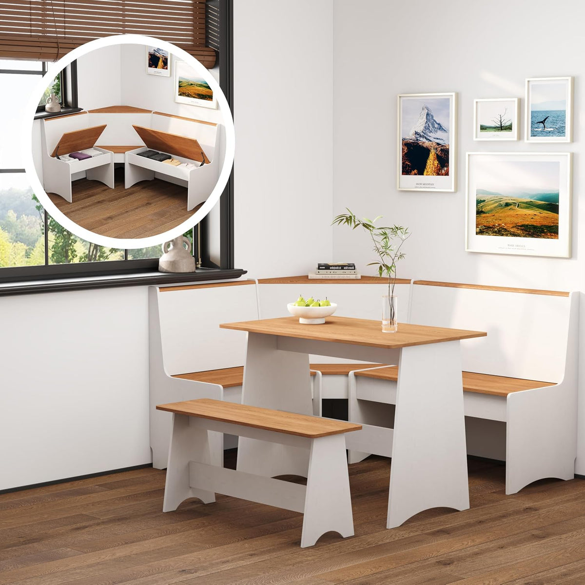 Farmhouse Breakfast Nook Table Set, Dining Nook Set with Corner Bench,with Storage Function Mid Century Modern Small Dining Table Set, Kitchen Table Corner Set (White + Natural)