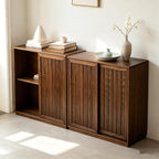 Mid Century Modern Sideboard Cabinet | Slim Fluted Credenza with Sliding Doors | Narrow Storage Buffet Console Table for Small Spaces, Living Room, Entryway, Kitchen (Walnut, 32")