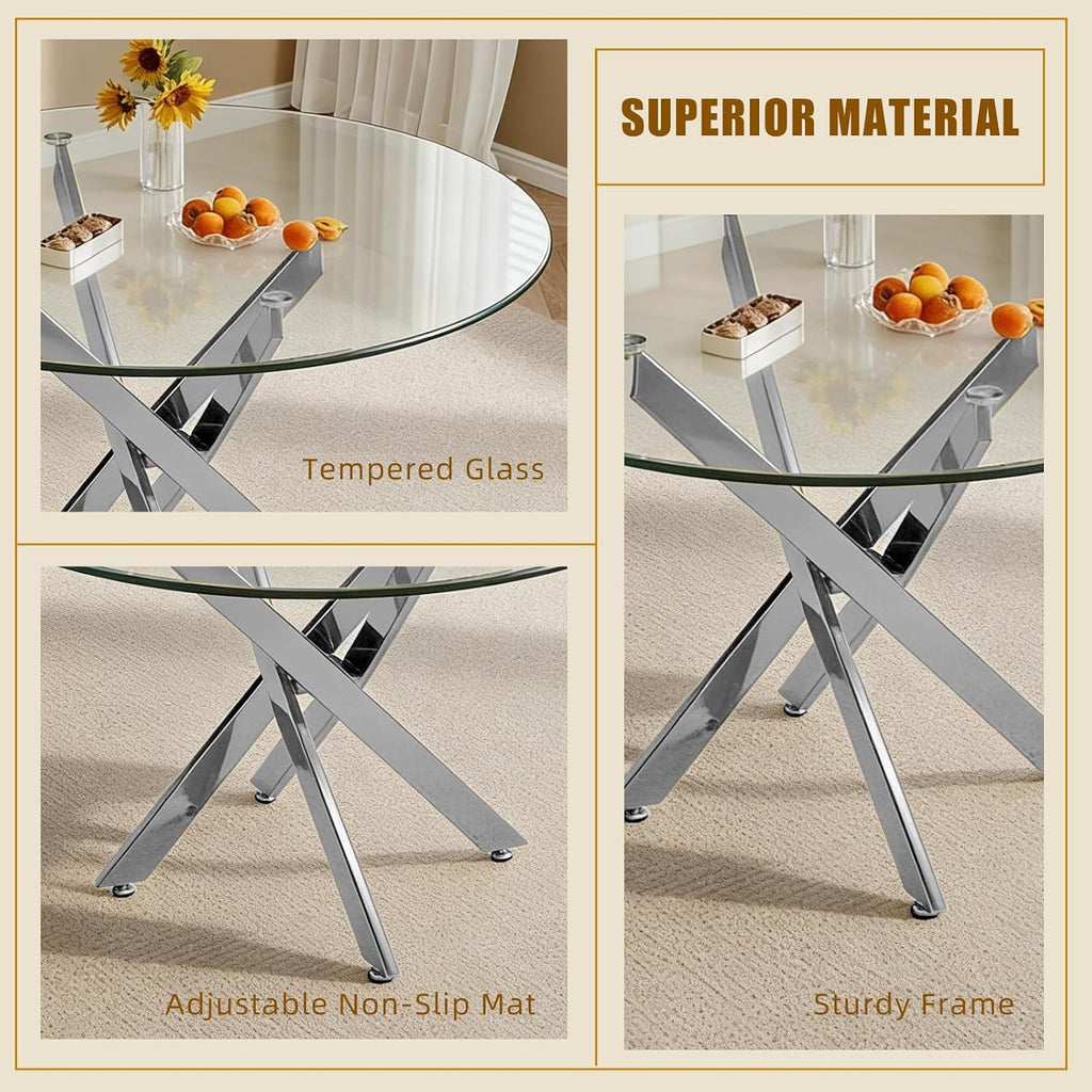 35.4 Inch Glass Dining Table for 4, Modern Round Kitchen Table with Silver Legs, Spacious Dining Room Furniture for Apartments, Studio, and Open Kitchen & Dining Areas