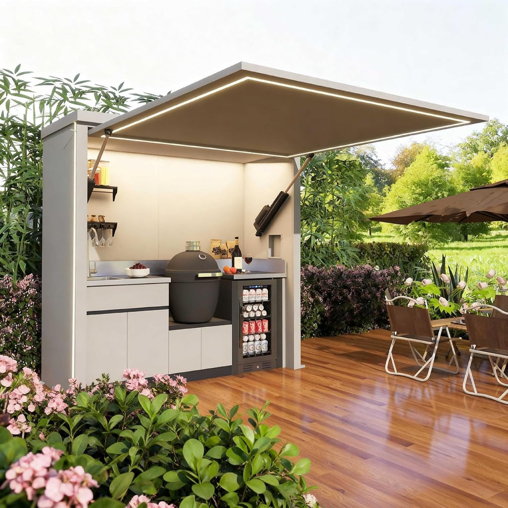 All Aluminum Modular Outdoor BBQ Kitchen Island, Prefab Outdoor Cooking Station with Stainless Material, and Audio Structure for Family Backyard, Coastal & Outside Recreation