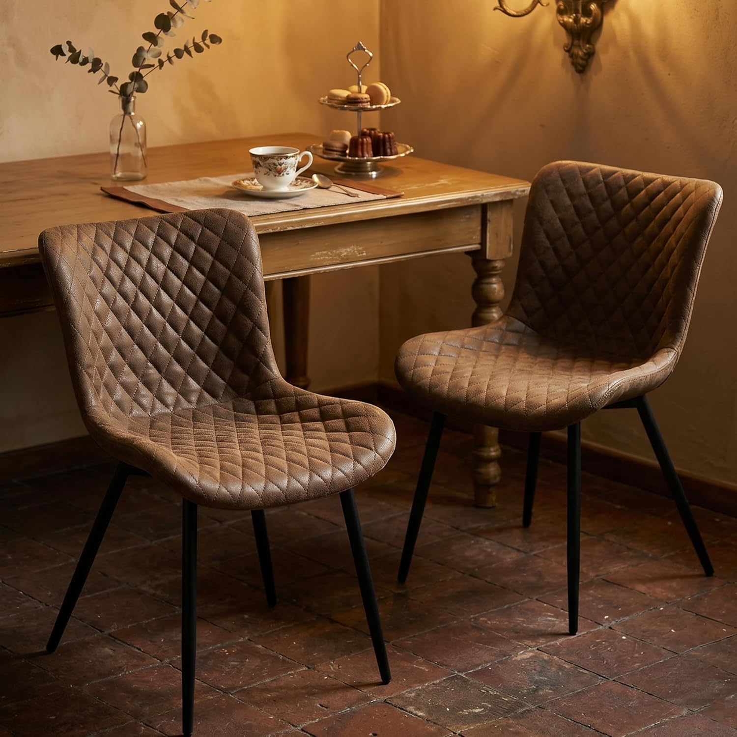 Modern Dining Chairs Set of 2, Upholstered Suede Dining Chairs with Curved Back & Thick Cushion Seat, Mid Century Armless Kitchen & Dining Room Chairs with Black Metal Legs, Brown