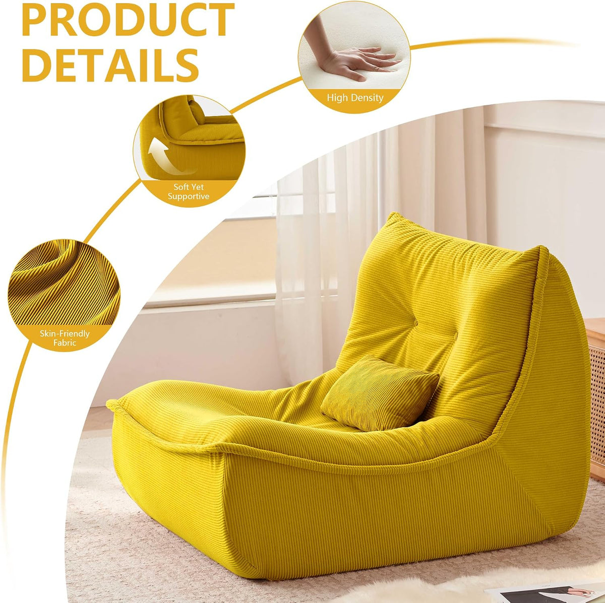 Bean Bag Chair for Adults, Single Lounge Chair with Lumbar Pillow, Comfy Floor Sofa with High-Resilience Foam, Lazy Accent Chair for Living Room, Bedroom, Apartment, Or Reading Corner, Yellow