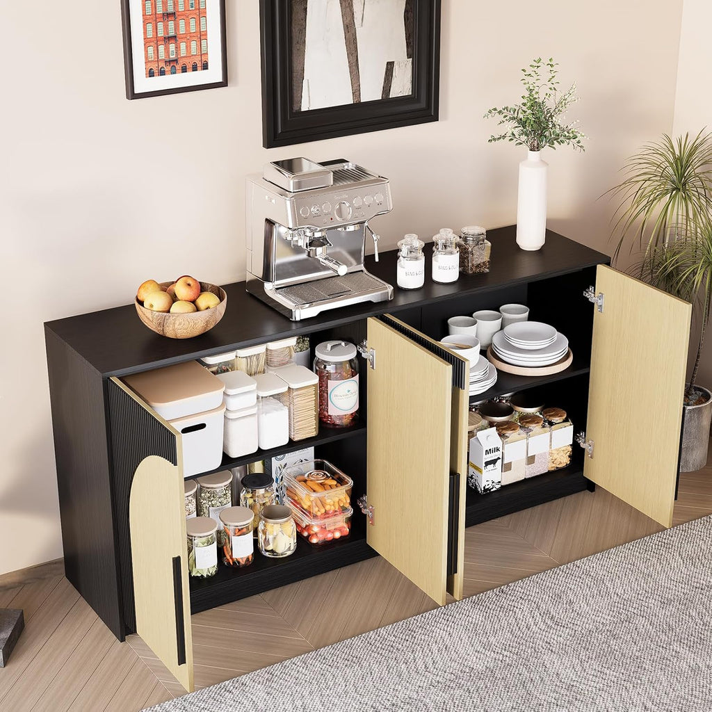 65 Inch Fluted Buffet Cabinet with Storage Symmetrical Arc Accent Sideboard Large Console Table for Dining Room Kitchen and Living Room (Camel)