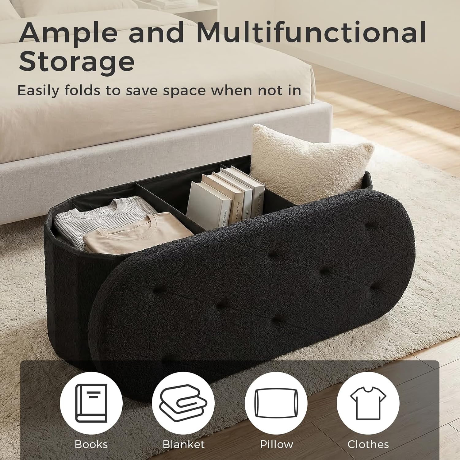 DUMOS Folding Storage Ottoman Bench, Oval Round Ottoman End of Bed Foot Rest Bench Stool with Cushion, Storage Chest for Bedroom, Living Room, Entryway, Dorm, Teddy Fabric, Black