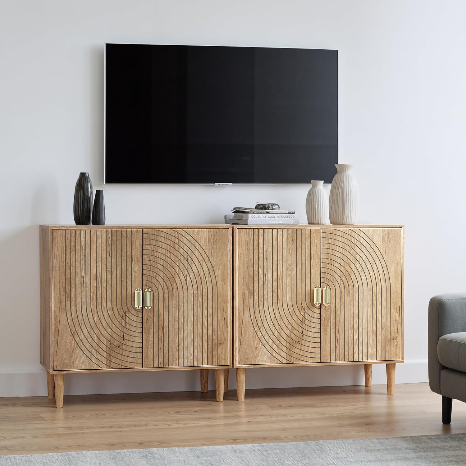 Smuxee Oak Sideboard Cabinet, Freestanding Buffet Cabinet with Line Groove Design, Wood Storage Cabinet with Adjustable Shelf for Living Room, Entryway, Hallway