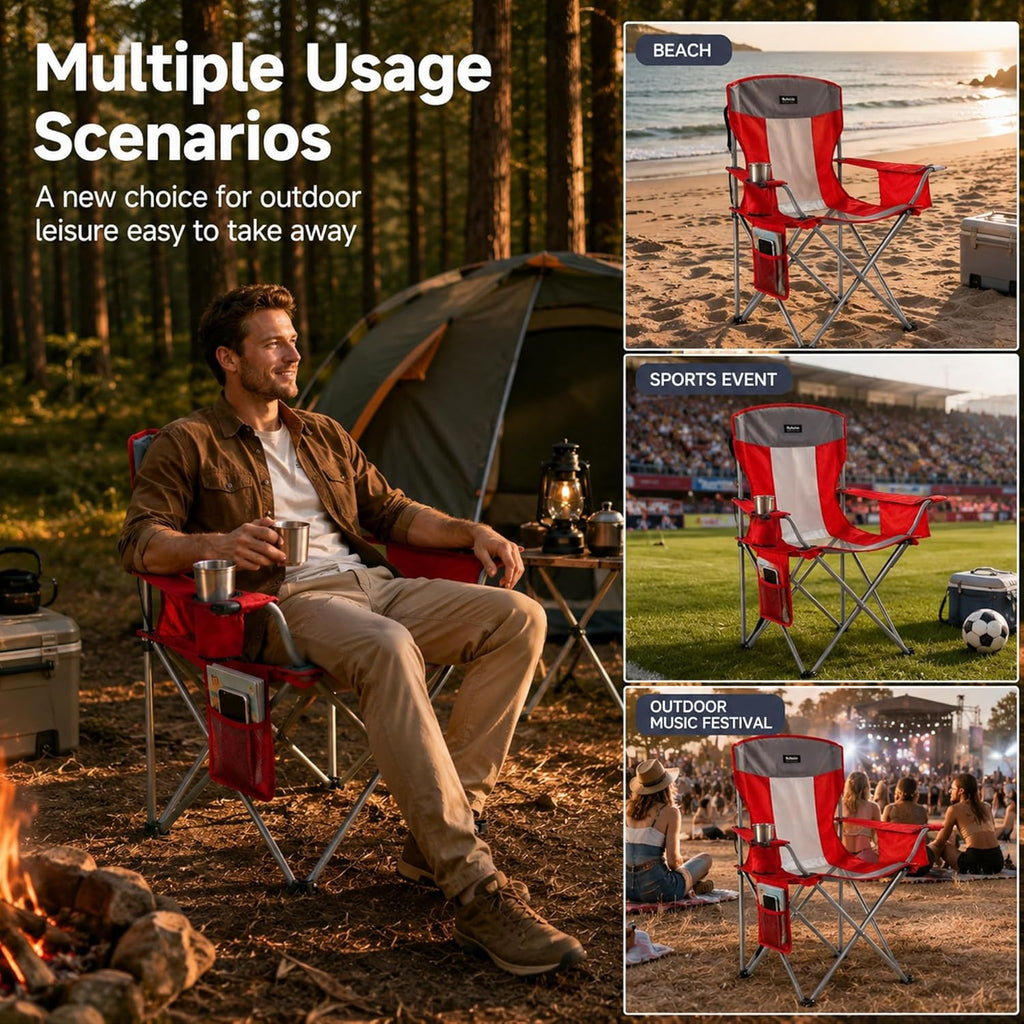 Byliable Oversized Camping Chairs Portable Outdoor 330LBS Capacity Folding Lawn Chairs for Adults with Cooler Bag,Cup Holder and Side Pocket for Beach, Sports, Tailgates, Fishing, Hiking, Red