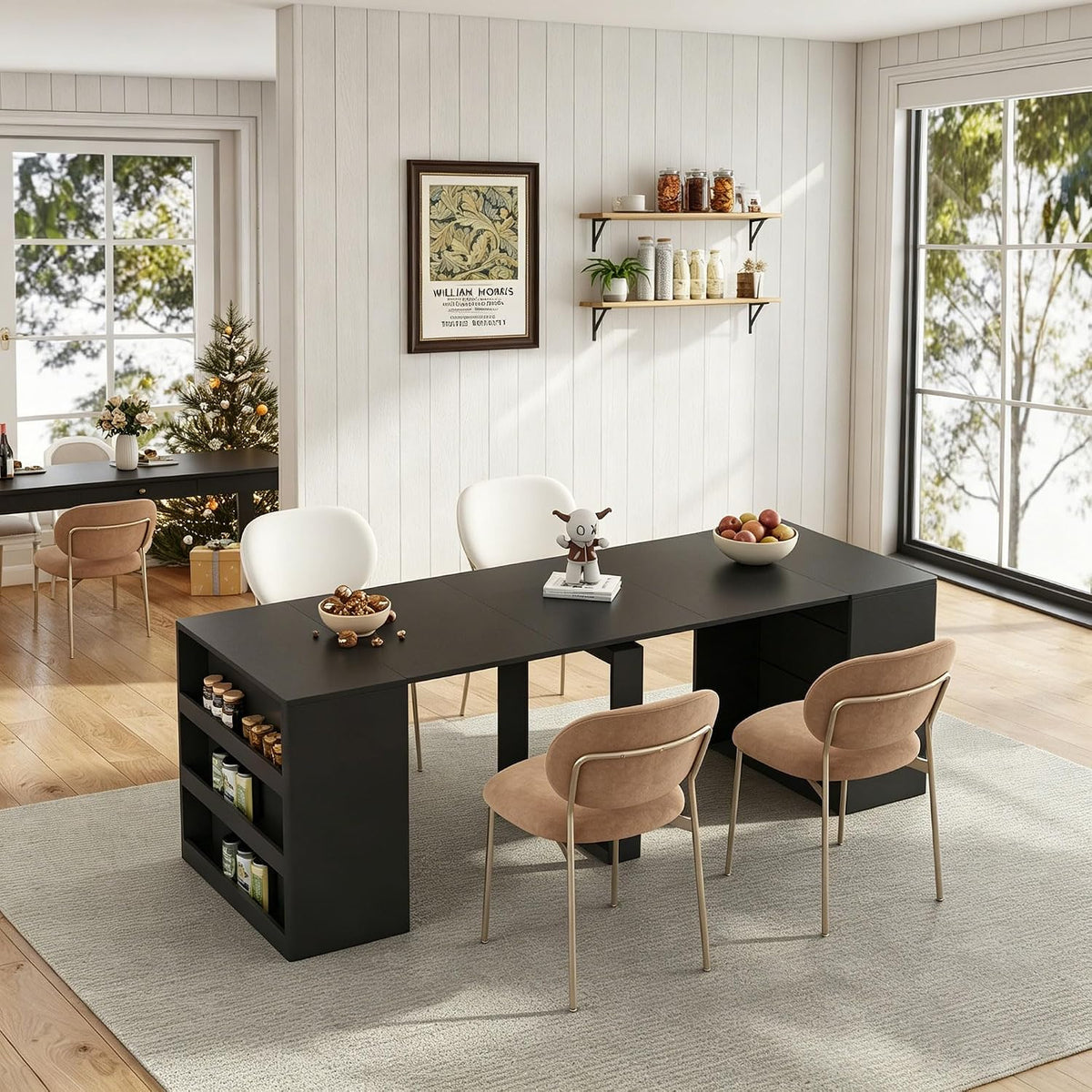 28" - 123" Large Extendable Dining Table, Expandable Table for 2-10 People with Side Storage Shelves, Multi-Functional Wood Kitchen & Conference Desk, Black