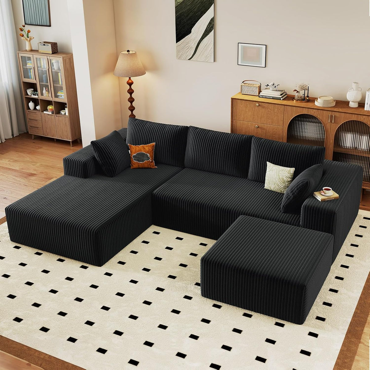 96" Cloud Sectional Couch with U-Shaped Chaise, Corduroy Sectional Sofa with Ottoman, Couch with Deep Seat in a Box for Living Room, No Assembly Required (Black, Left Facing Chaise)