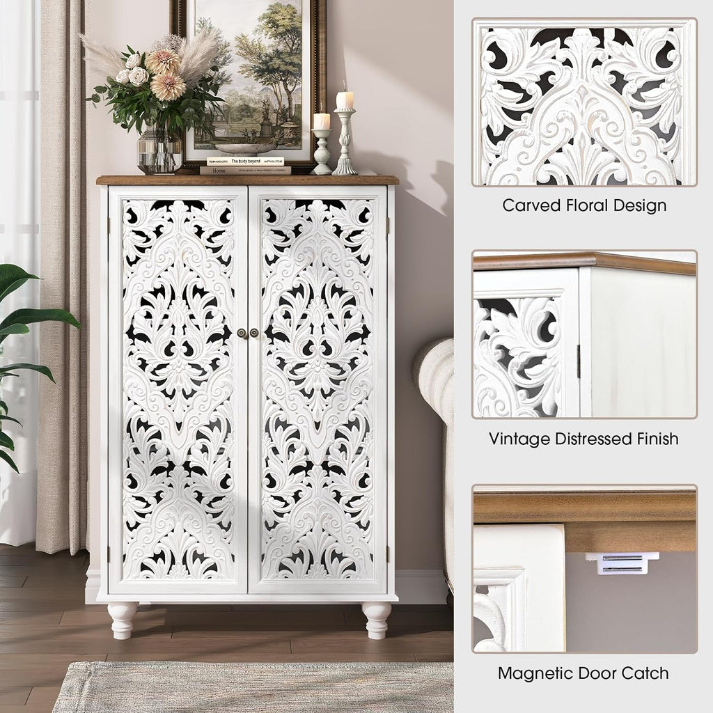 JOINICE 47" Tall Accent Cabinet with Carved Doors & Storage for Living Room | Vertical Storage, Carved Floral Design, Mandala White Buffet, Boho/Farmhouse/Rustic Style, Adjustable Shelves, Easy Assembly